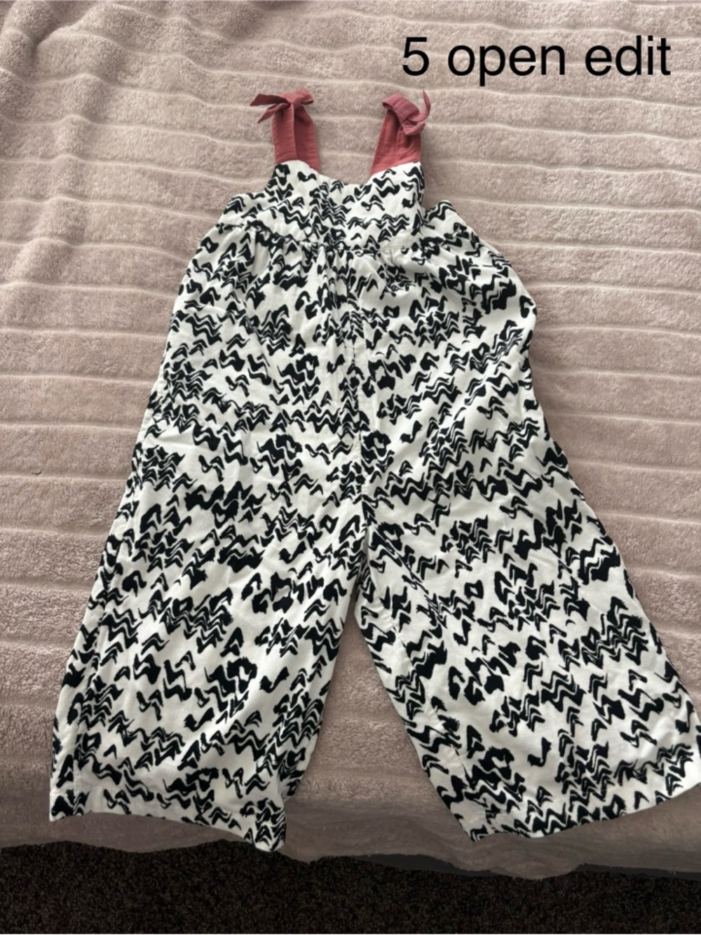 Girls Black & White Patterned Romper with Pink Tie Straps